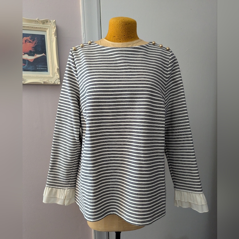 Talbots XL Blouse Ruffles and Stripes EUC Striped Black and Cream Women's Top